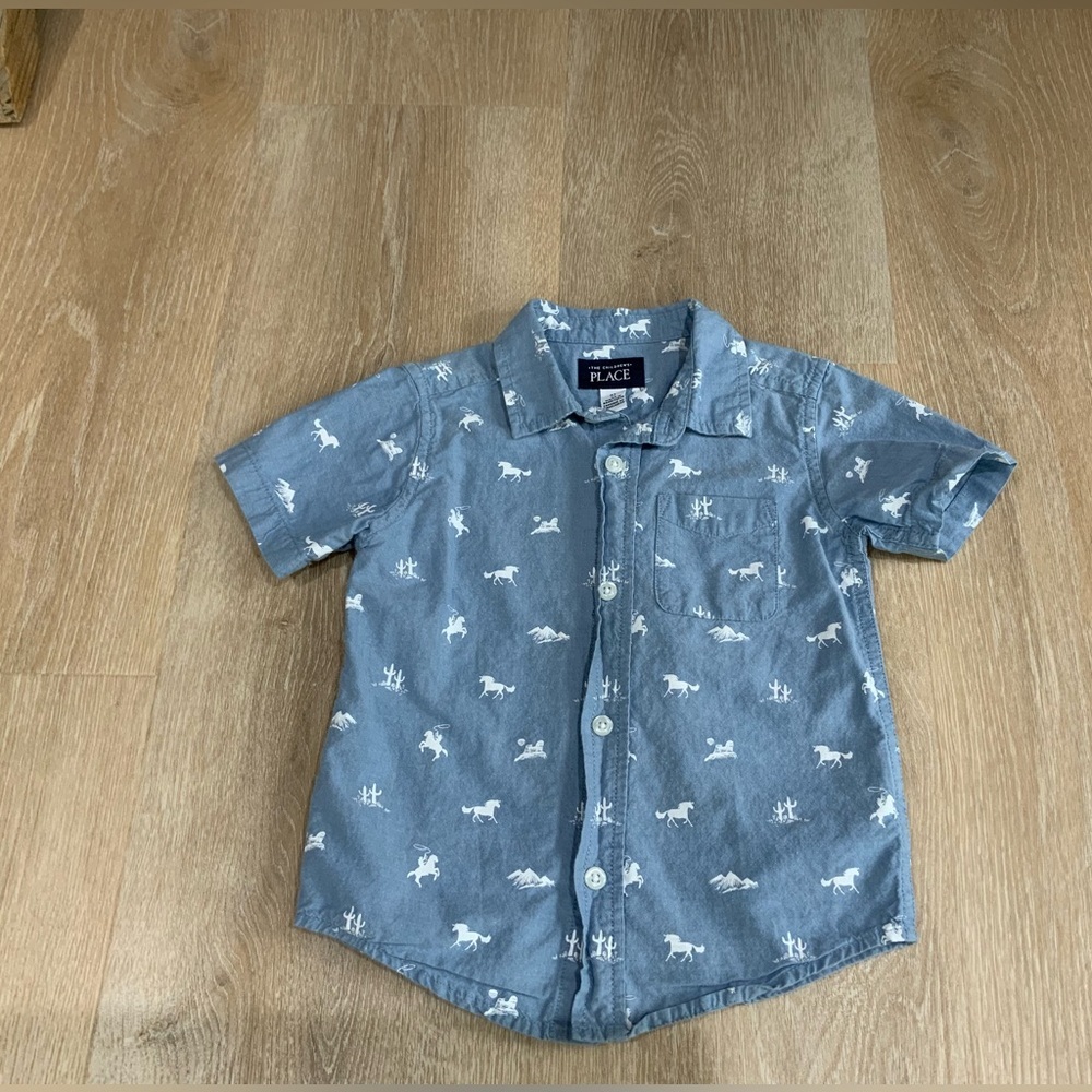 The Children’s Place Boys Dad And Me Horse Poplin Button Up Shirt - Blue Size 3T